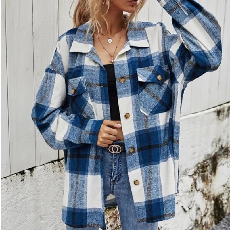 Cheap Vintage Long Shirts Button Down Plaid Blouse Wholesale Casual Warm Fall Plaid Flannel Shirt For Women
