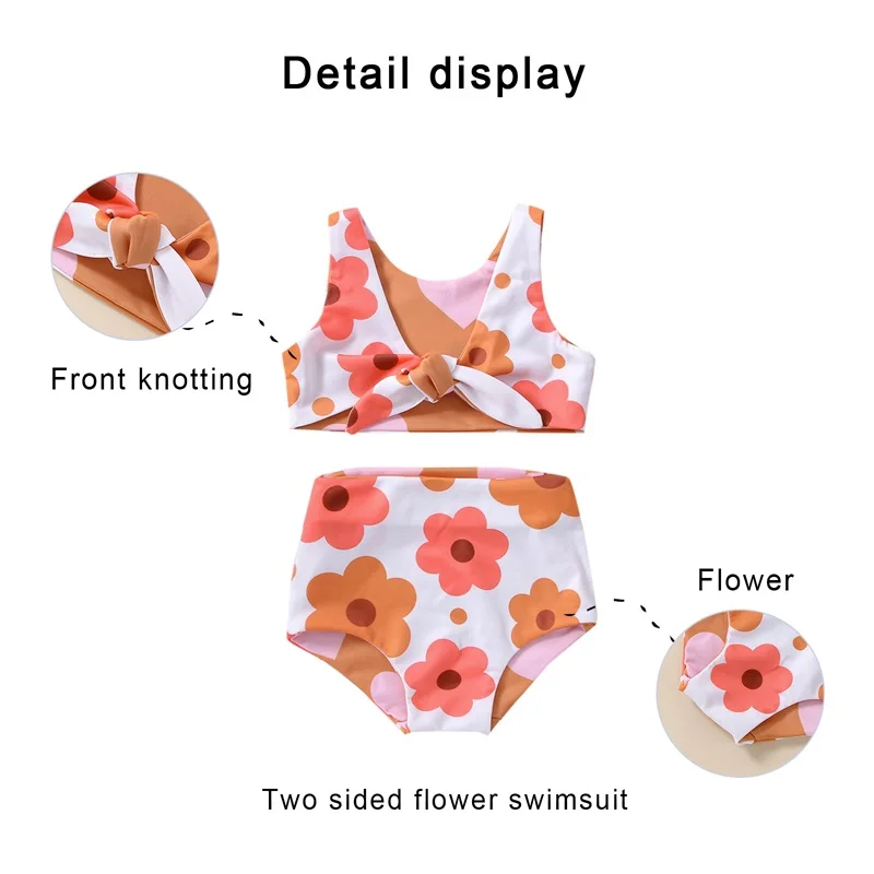 2023 Summer Toddler Kid Swimsuit Two Pieces Top Briefs Bikini Sets Heart Floral Printed Reversible Baby Girl Swimwear Beachwear