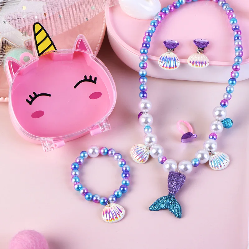 Cute Cartoon Girls Pearl Necklace Jewelry Unicorn Ring Kids Jewelry Box Set Wholesale