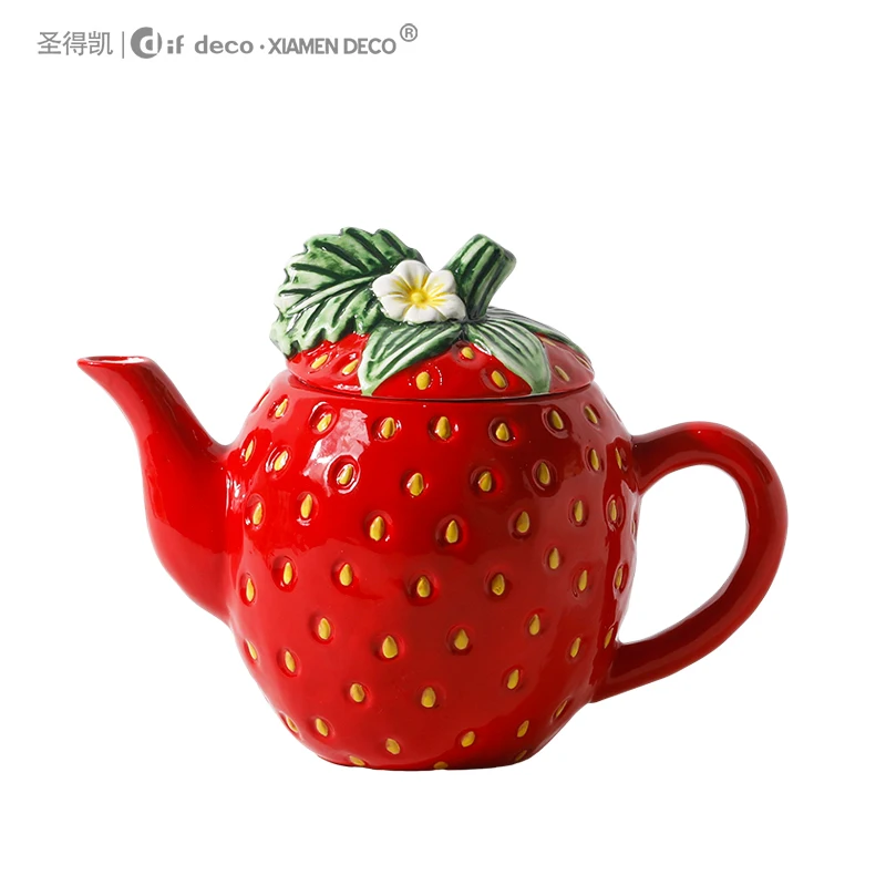 Custom Logo Fruit Design strawberry Teapot Ceramic Tea Cup and Pot Set Wholesale