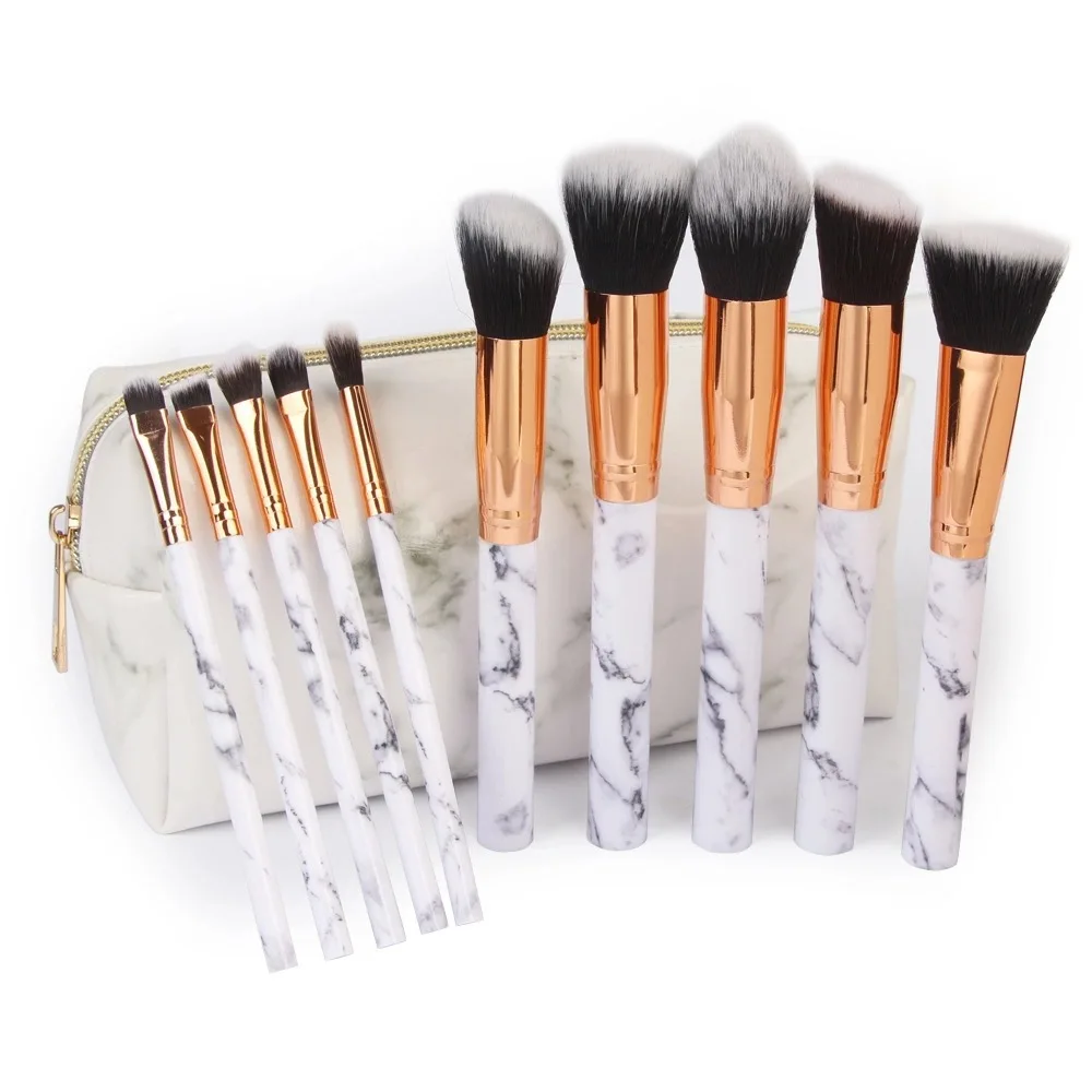Wholesale 10 pcs marble makeup brush with handle bag powder eyebrow brush beauty brush portable set