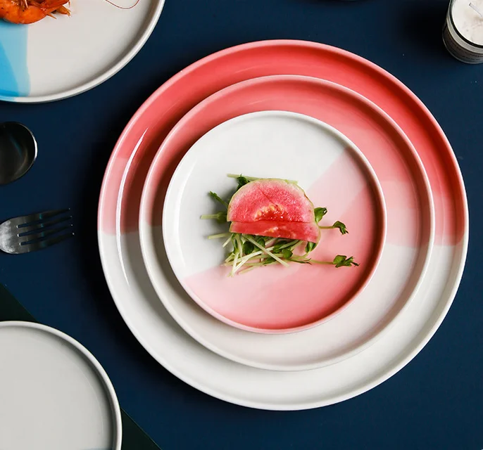 Table ware Nordic Creative Steak Round Charger Plate Blue Pink Ceramic Dishes Plates