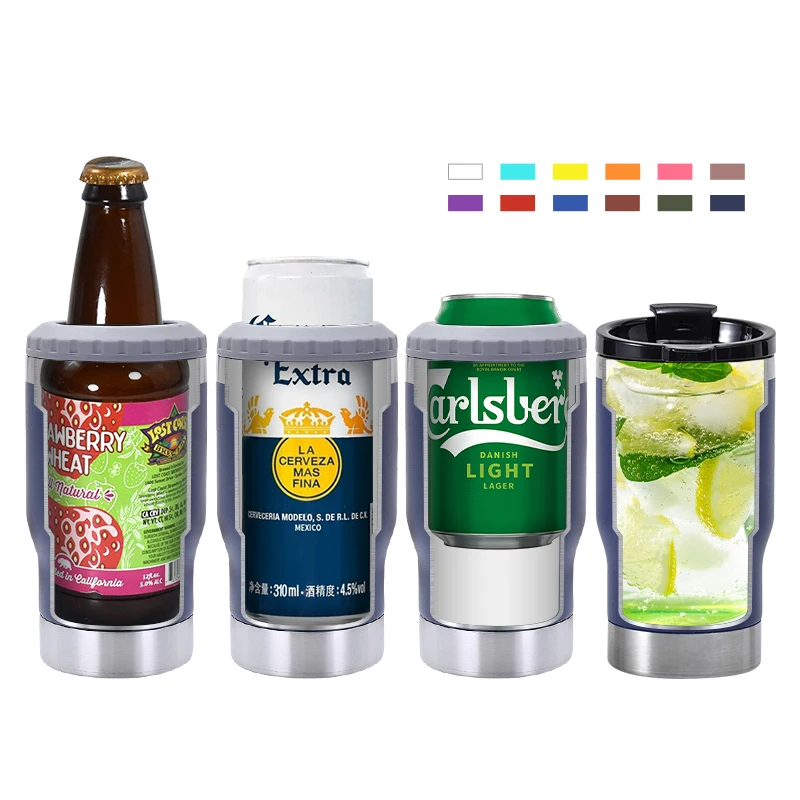 Custom Ice insulated vacuum double wall coffee mug stainless steel travel opener 14oz 4 in 1 cola beer can cooler with two lids