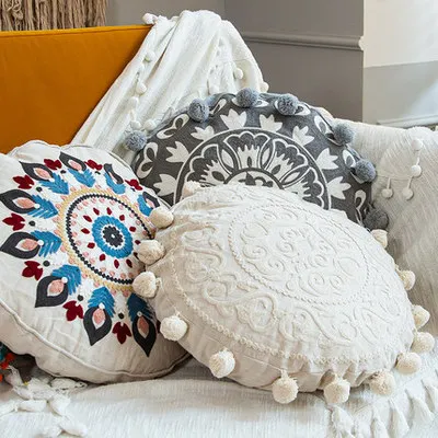 Bohemian Round Cushion Cover with Embroidery Ethnic Throw Pillow Cover for Sofa Couch Chair