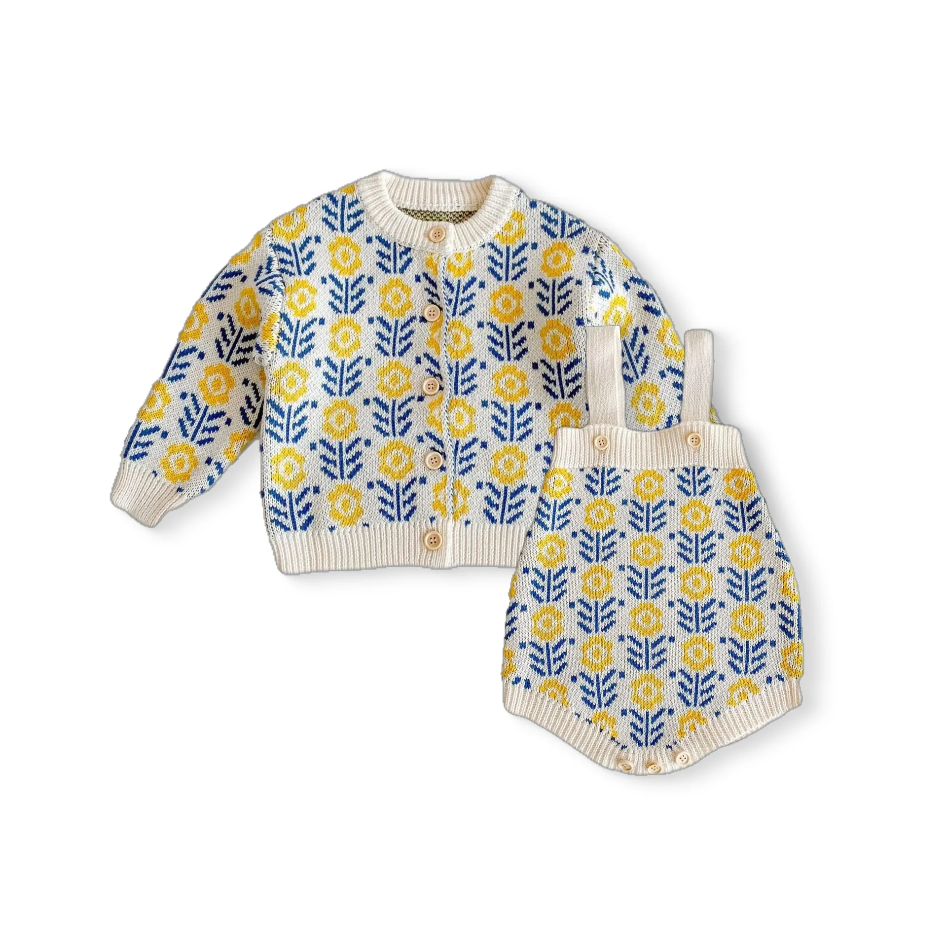Engepapa Autumn baby clothes suits Infant sweater flower-carrying girl knitted cardigan + romper two-piece set