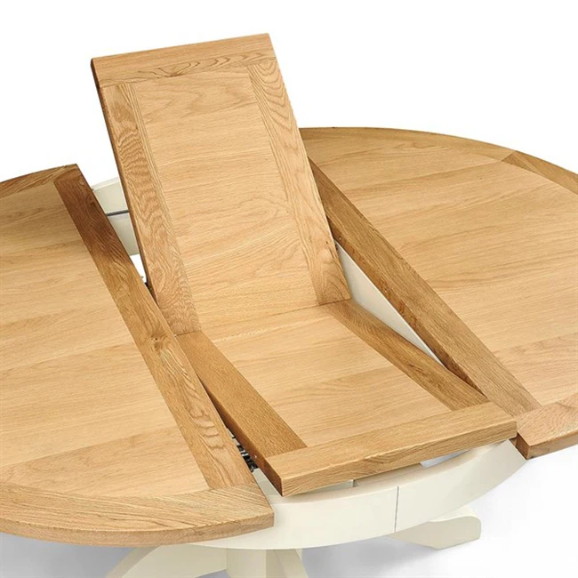 White Antique Design Morden Dining Room Kitchen Oak Solid Wood Folding Dining Table  Round 110-145cm Extendable Dining Table Set