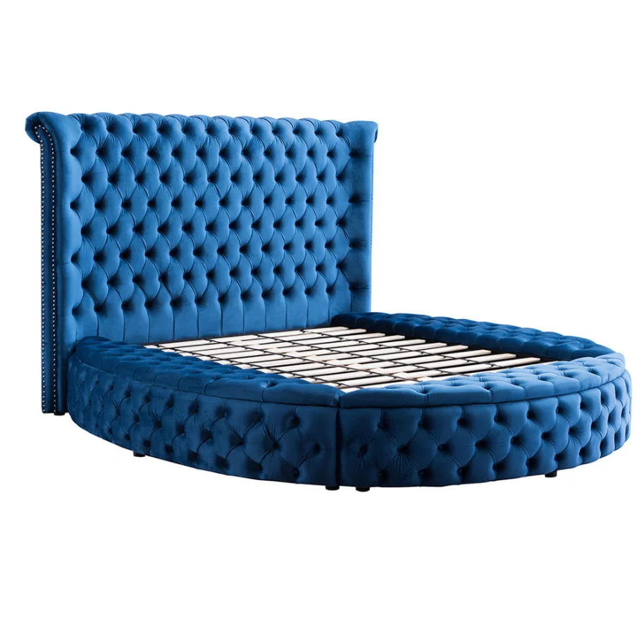 Italian Designer Modern Soft Bed Wooden Blue Grey Velvet Double Queen King Size Round Storage Bed