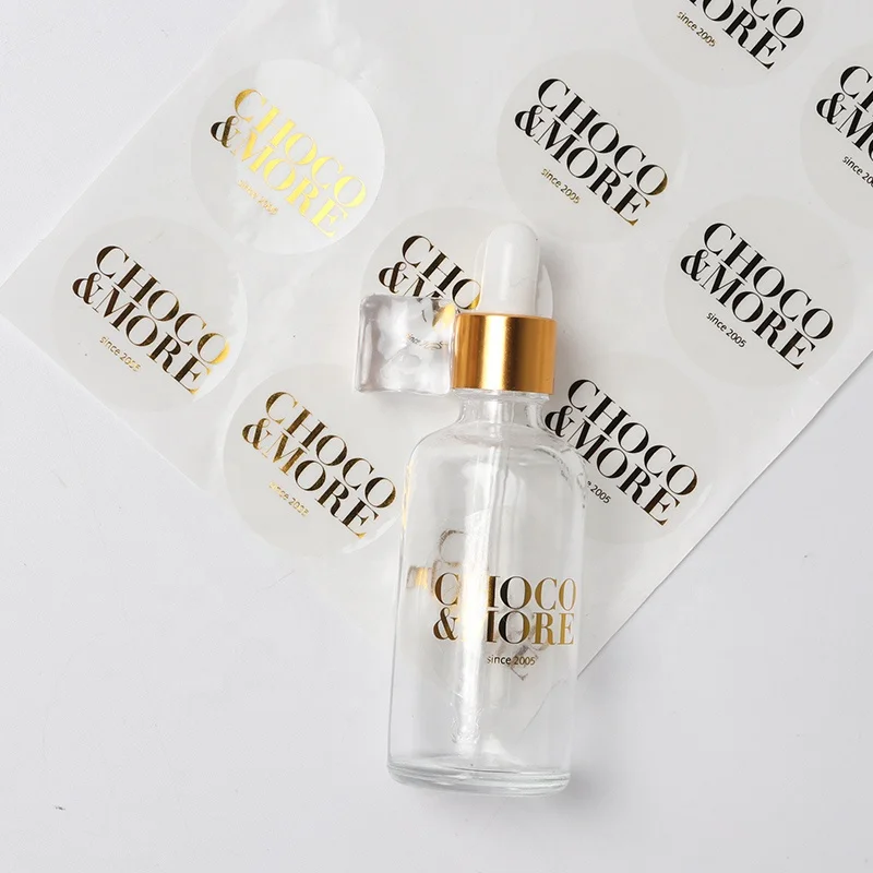 Custom printing hot stamping gold foil label brand water large clear transparent pp label circle transparent labels with foil
