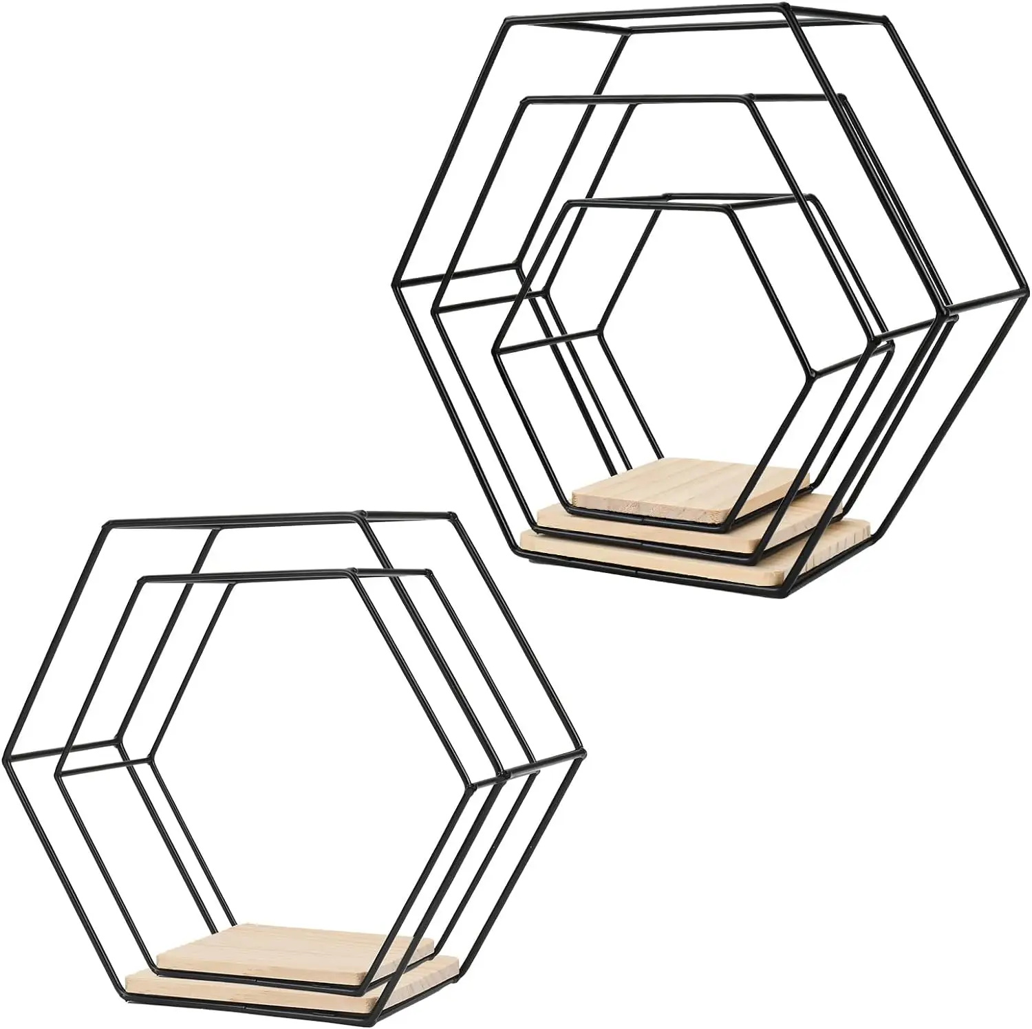 Wall Mounted Hexagonal Floating Shelves Black Set of 5 in Different Sizes Metal Wall Shelf Simple Wood Partition Storage Shelves