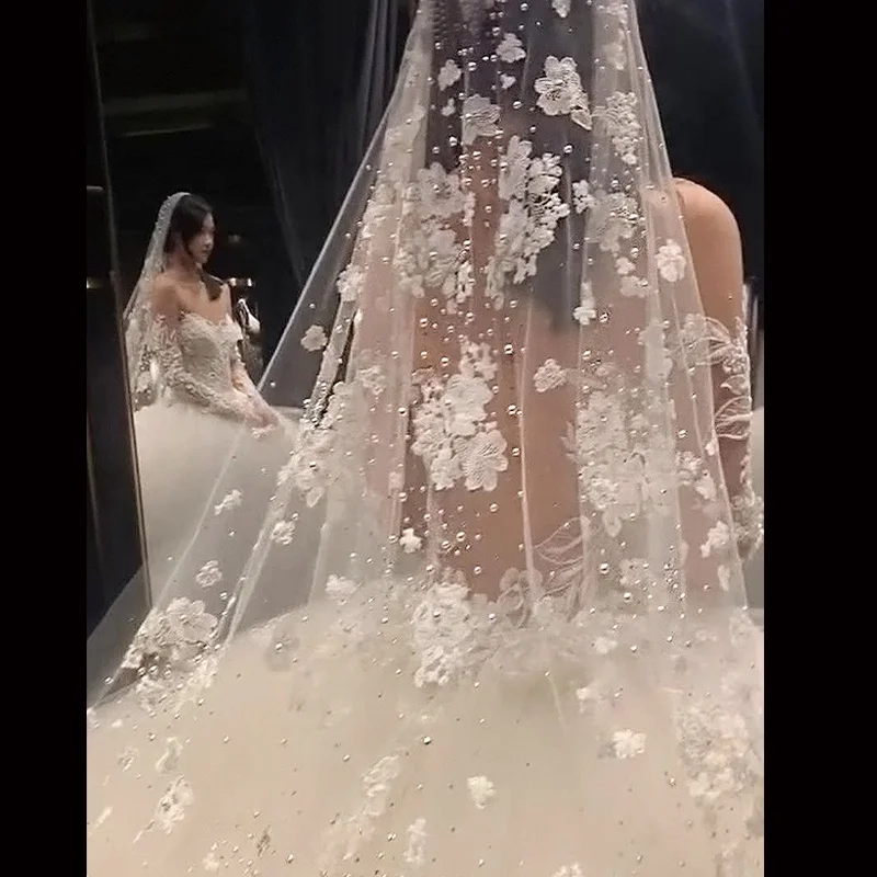 Feishiluo Luxury  Bead Diamond Bridal Veils One layer Long Cathedral  full flower lace wedding  veil with comb 350 cm long