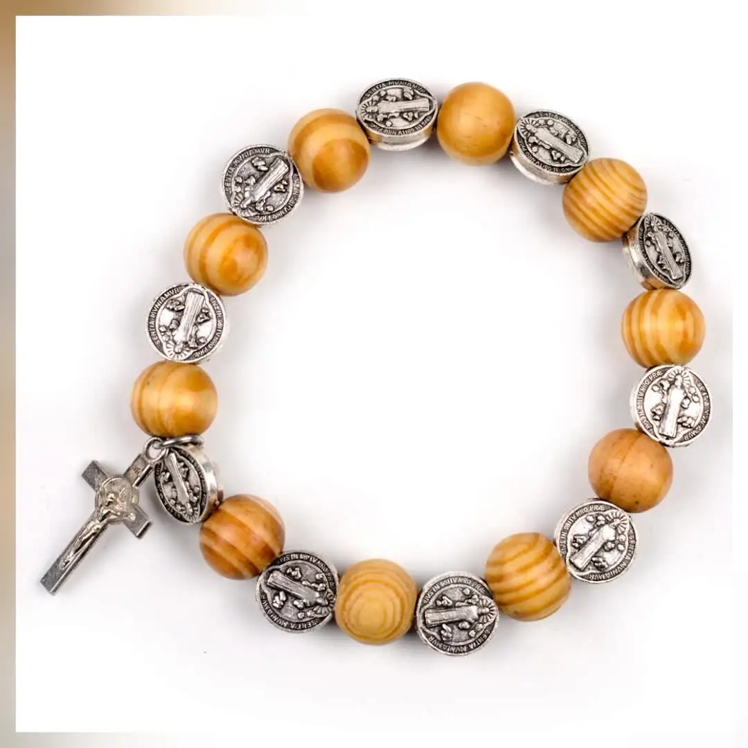 Handmade Solid Wood Catholic Bracelets Rosary Bracelet Rosaries Religious Catholic Bracelet With Wood Beads