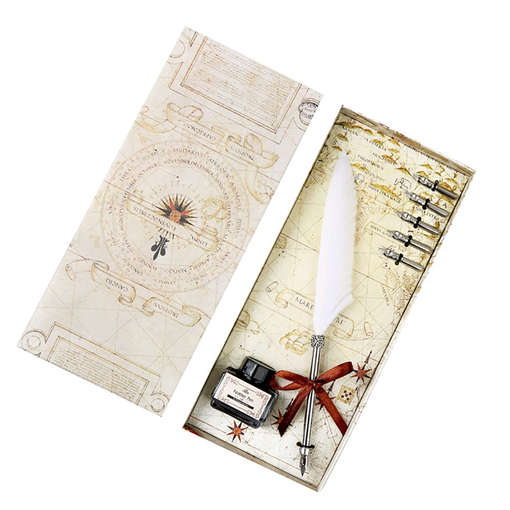 2023 china supplier School Memorial Fountain Pen British-European Retro Goose Feather Pen With Ink And 5 Tips