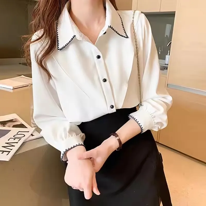 Long Sleeve Casual Shirt New Korean Version Retro Hong Kong Style Color Matching Floral Print Pockets Vintage Digital Printing