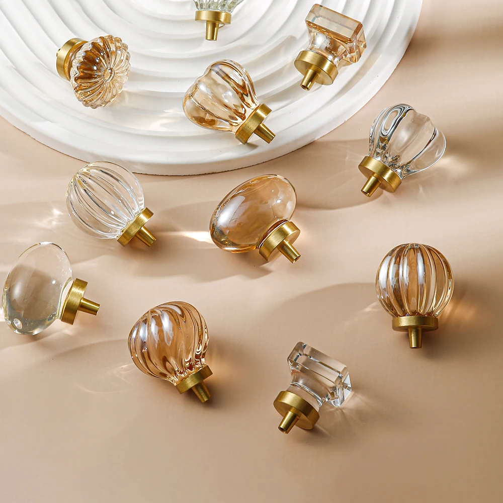 Acrylic Brass Cabinet Hardware Knobs Clear Glass Dresser Handle Pulls Solid Brass Furniture Knobs Crystal Decorative Drawer Knob