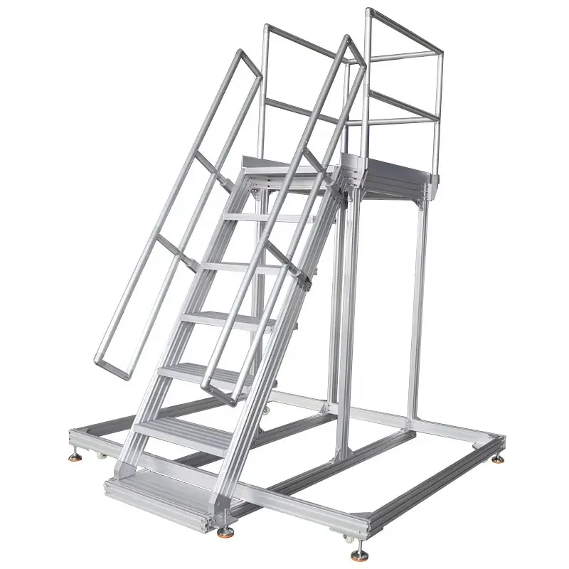 Warehouse Steel Safety Rolling Mobile Platform Ladder With Handrails 4 wheels