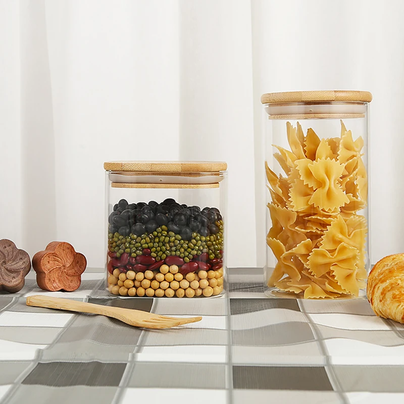 Transparent storage Jars & bottles with Wood Lids Airtight Glass Canisters Sets FOR Powder Detergent