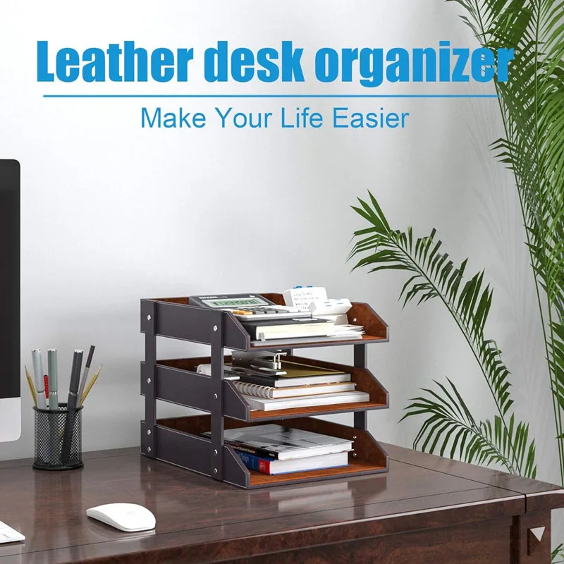 Folding 3 Tier Stackable Desk Papers Organizer Tray PU leather tray desk organizer School Office Accessories Storage Holder