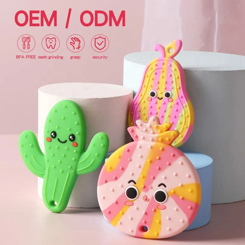 New Arrival cute Cartoon Sensory Grasping Silicone Baby Chewing Fruit Set Teether Toys