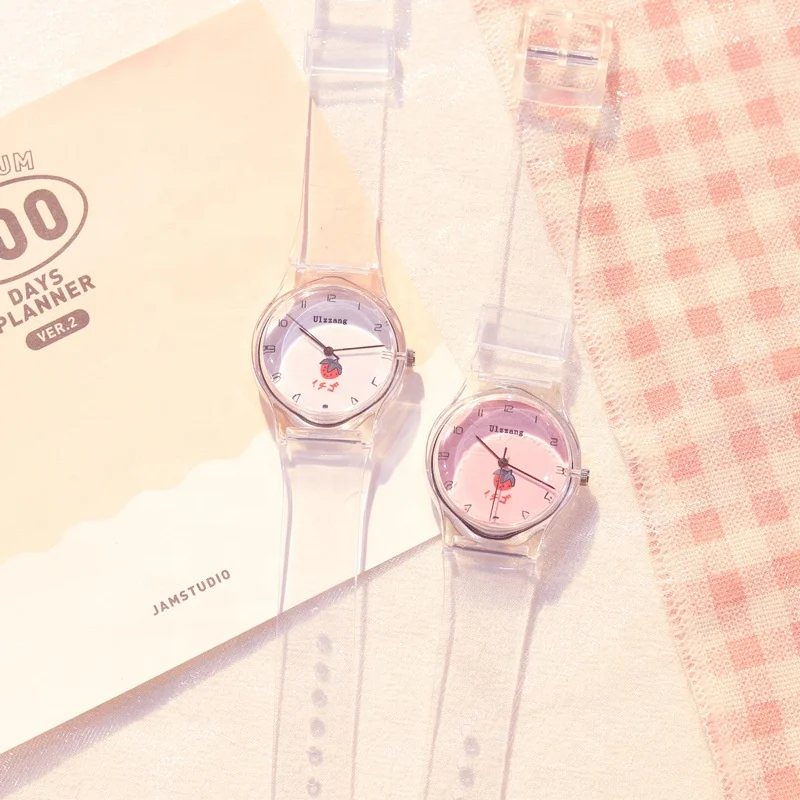 Новый дизайн, Студенческие Кварцевые часы с прозрачным ремешком, розовые часы для девочек, простые милые часы для детей