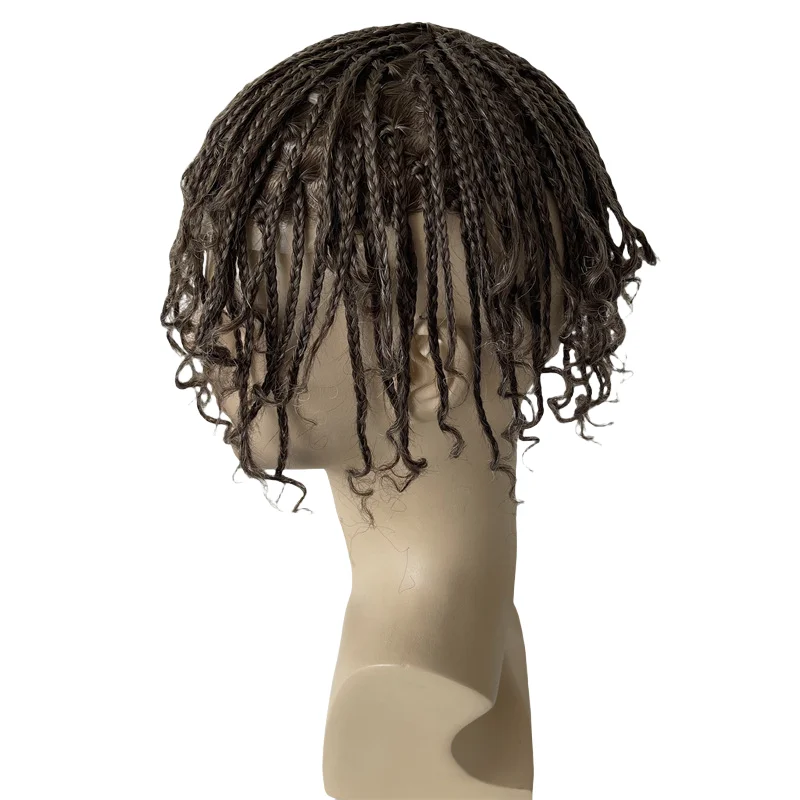 In stock Remy Human Hair Systems #410 afro curl black box braids jet black full Skin pu base human hair toupee for men