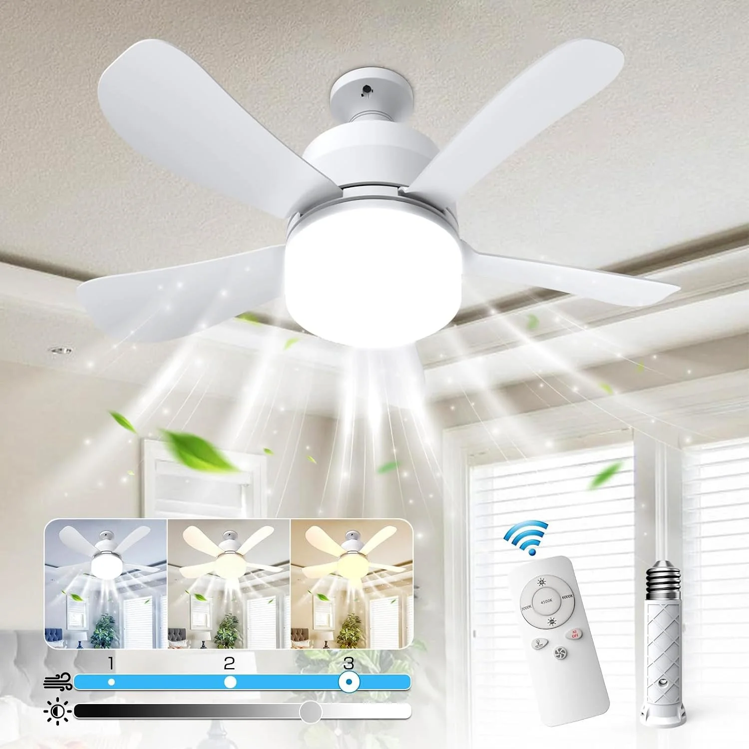 Factory CE UL Best 1000 Lumens Ceiling Fan with Light Remote 3 Gear Wind Speeds E26 E27 Bladeless Dimmable LED Socket Fan Lights