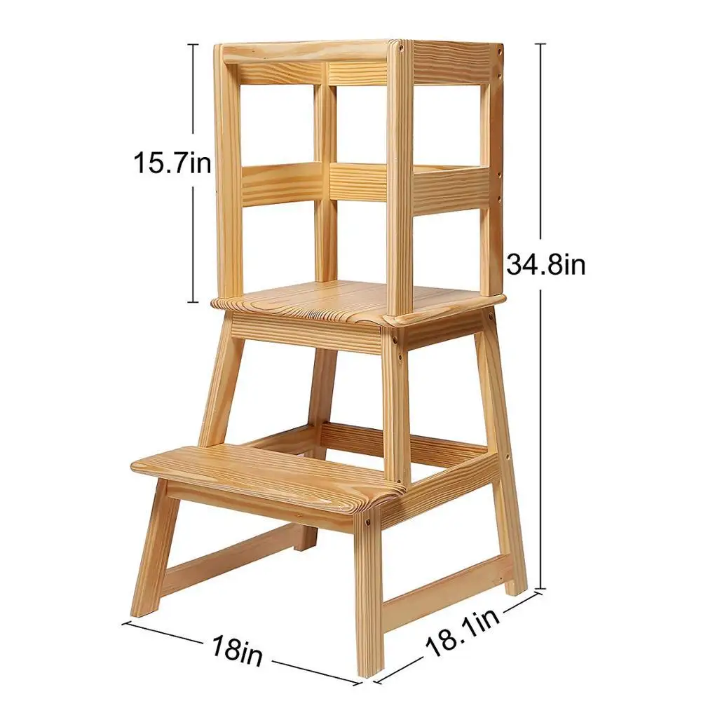 Kids Step Stool with Safety Rail,Wooden Toddler Standing Tower Natural Solid Wood Construction Learning tower