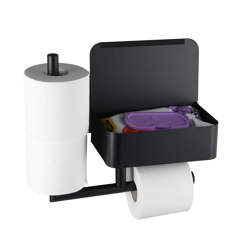 Bathroom black toilet paper roll holder with shelf