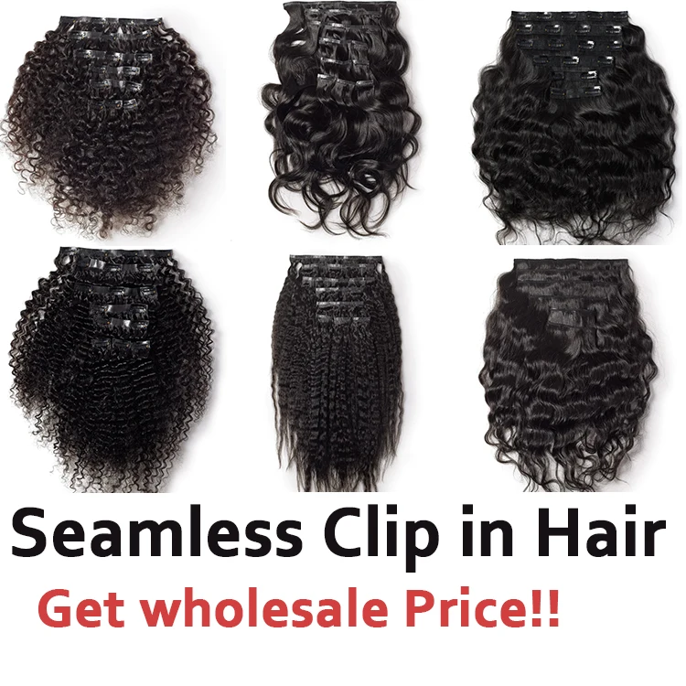 Raw unprocessed invisible clip in hair extensions 100human hair wholesale 100% virgin human hair clip ins