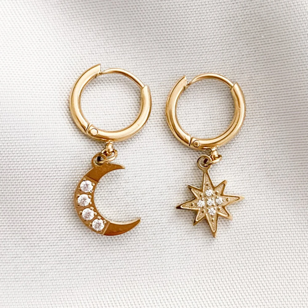 eManco New arrival korea fashion dainty jewelry gold stainless steel  moon and star pendant earrings irregular women