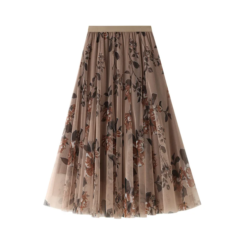 Korean Style Floral Print Spring Long Skirts for Women VD1711 High Waist Black Party Mesh Tulle Skirt jupe