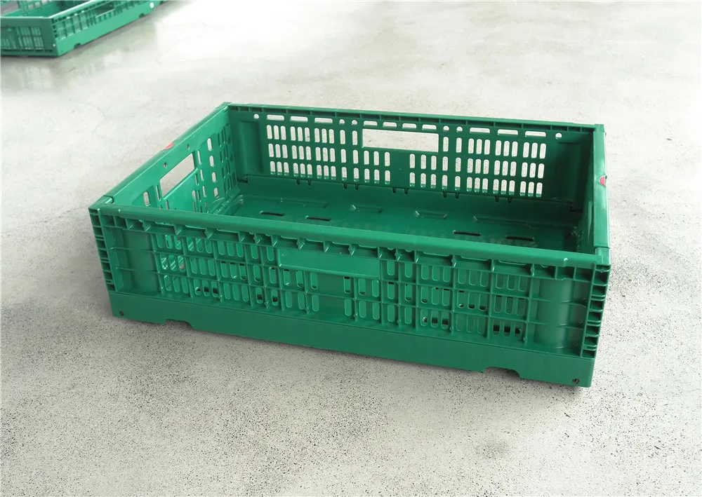 wholesale Green Color Plastic Crate 60*40*17 CM stackable Vented Type Folding Mesh Fruit Storage Crate basket