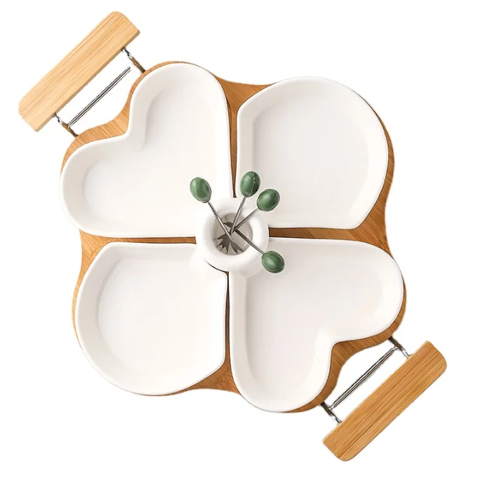 New Design White Divided Ceramic Charcuterie Platter Appetizer Serving Tray with Food Picks and Wood Holder