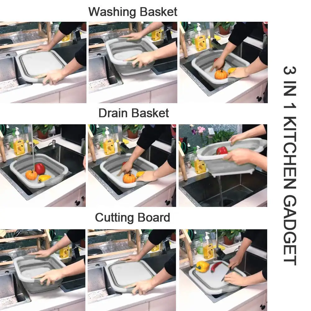 Multifunction Collapsible Cutting Board Dish Tub Drain Basket Vegetable Basin 3 in 1 Sink Folding Chopping Board for Kitchen