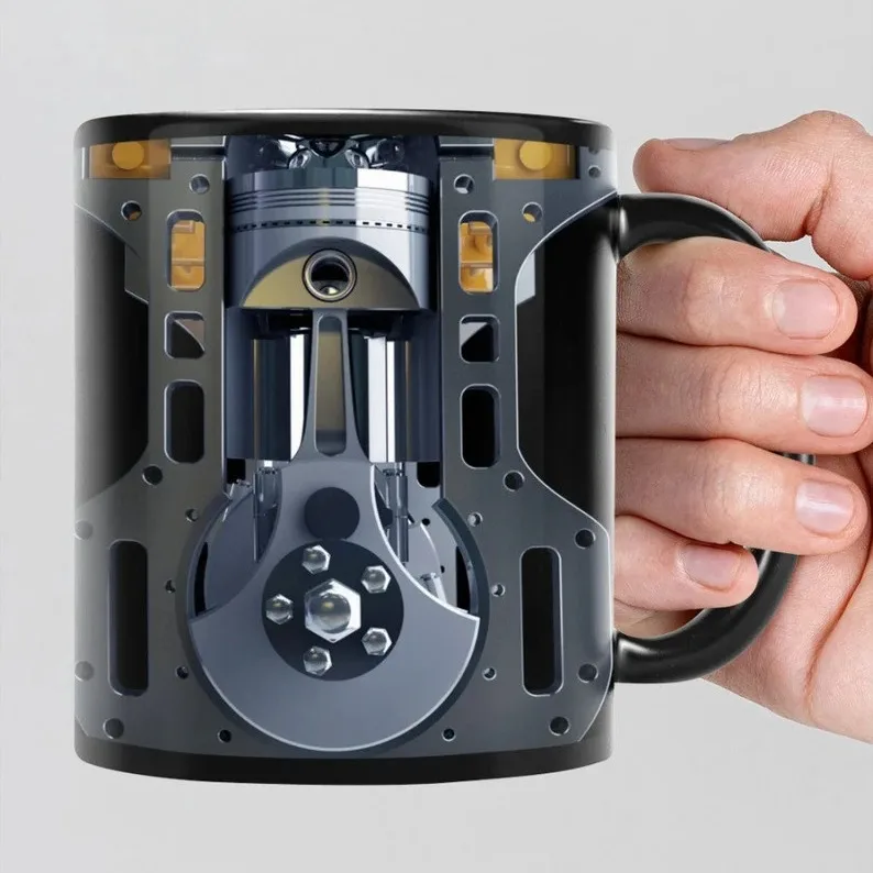 Classic Mechanic Engine Design Ceramic Mug and Water Cup with Lid for Tea Beer Traveling in Cars or Motorcycles as Presents