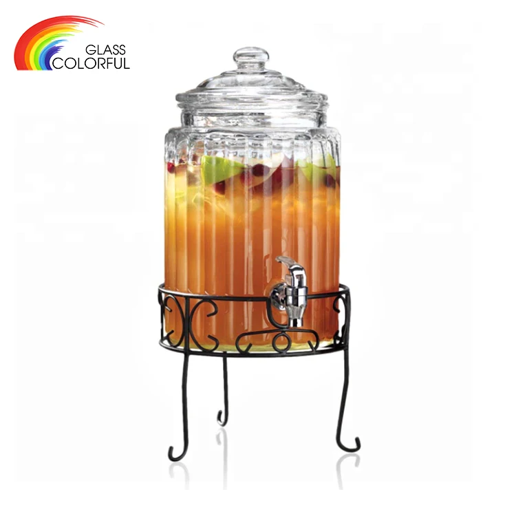 Manufacture high quality glass juice beverage drink dispenser with tap and stand squate for kitchen wedding bar restaurant