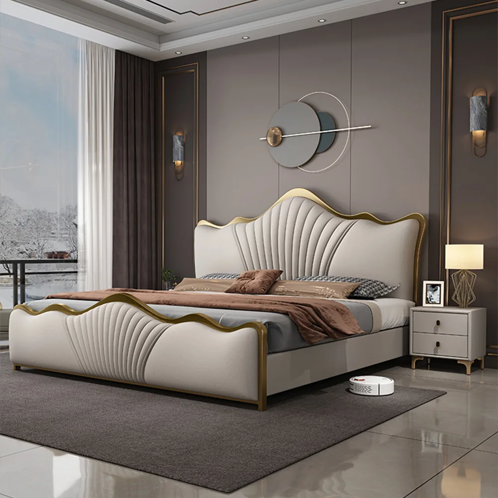 Italian Light Luxury Queen King Size Leather Bed Modern Soft Bag Double Bed Bedroom Furniture Up-holstered Bed Frame