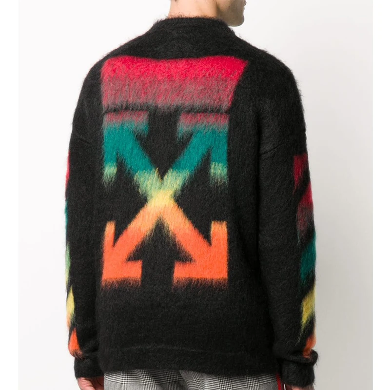 custom crew neck  stripe mohair knit sweater men pullover fuzzy mohair blend sweater