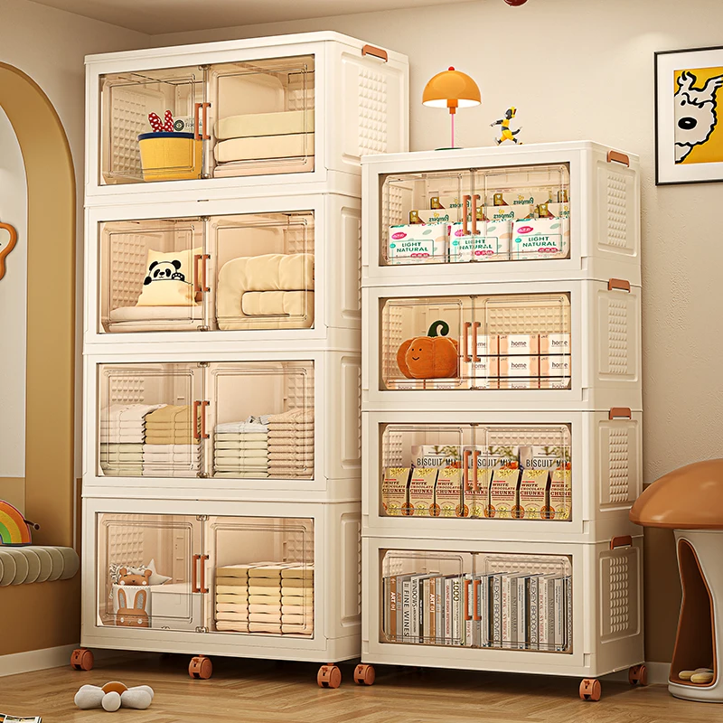 Rmier Stackable Plastic Storage Bins 5 Tier Collapsible Storage Cabinet with Lids Storage box with Doors and Wheels for Home