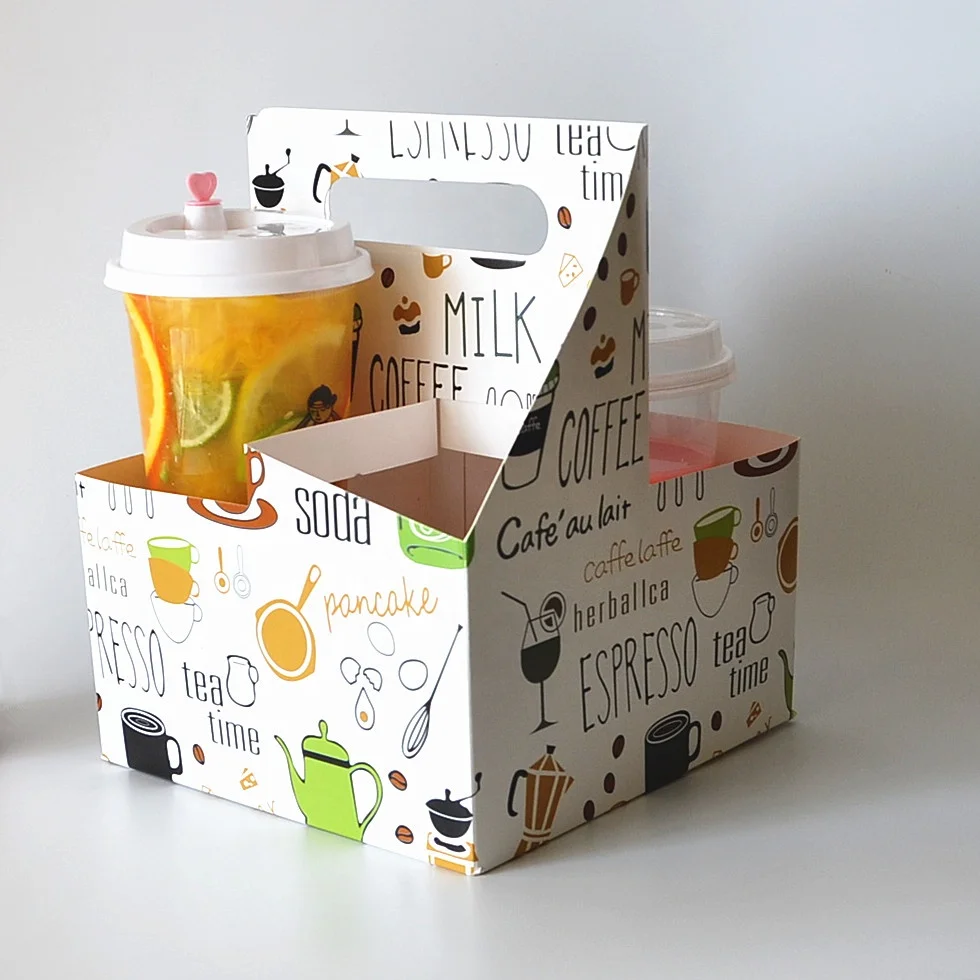 Customized take away hot sale paper cup carrier with handle to go tea kraft packing disposable coffee paper cup holder