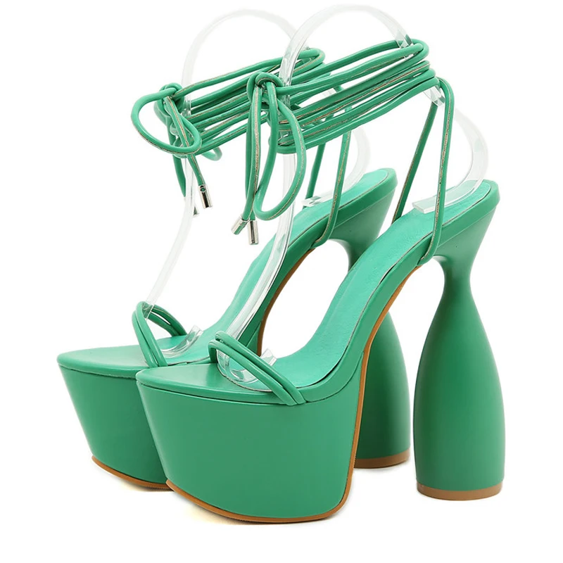 Fashion  2021 Summer Sexy lace up heel Peep Toe Ankle Strap women Sandals Platform Strange High Heels Party Stripper white Shoes