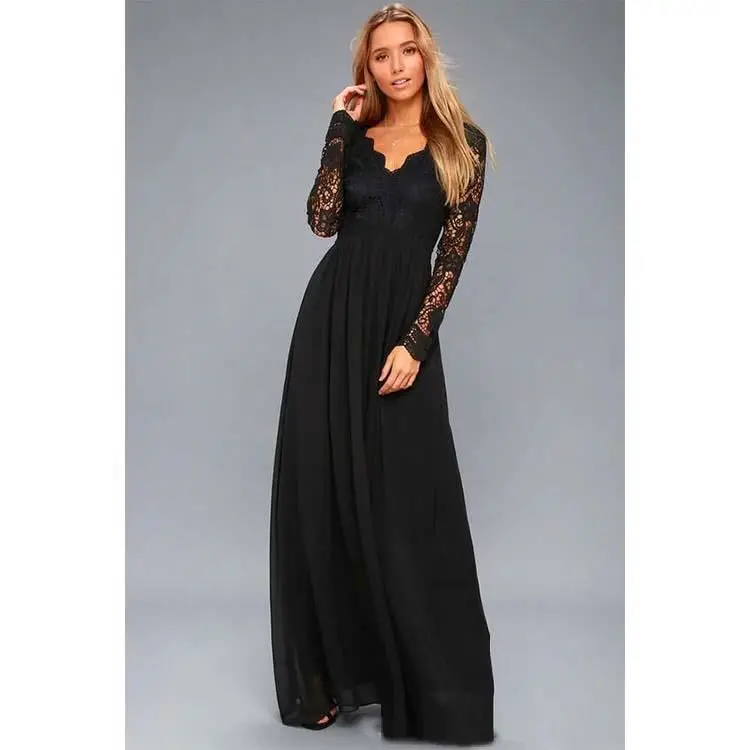 Elegant V Neck Backless Boho Style Bridesmaid Long Lace Sleeve Evening Dress For OEM