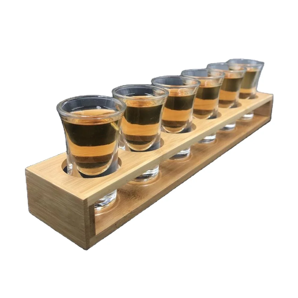 Hot Sale Barware Bamboo Whisky Cup Rack Shot Glass Serving Tray Holder - 6 Cups