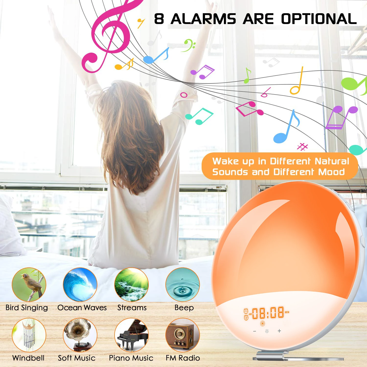 2020 Hot Selling Snooze Atmosphere Sunset Mode Bedside Lamp Wake Up Light Sunrise LED Screen Multiple Nature Sounds Alarm Clock