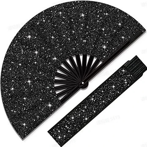 OEM Glitter Shiny Large Rave Folding Clack Hand Fan PVC Fold Hand Fan Bamboo Large Folding Fan for Festival Disco Party
