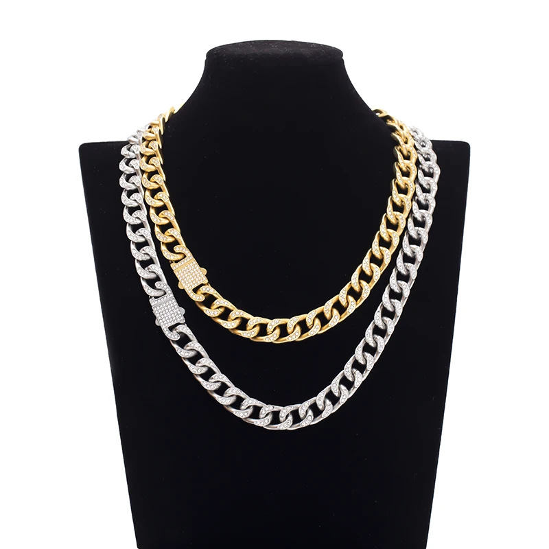 European punk heavy metal hip Hop jewelry 13mm stainless steel Cuban Chain necklace set with diamond 18K gold necklace