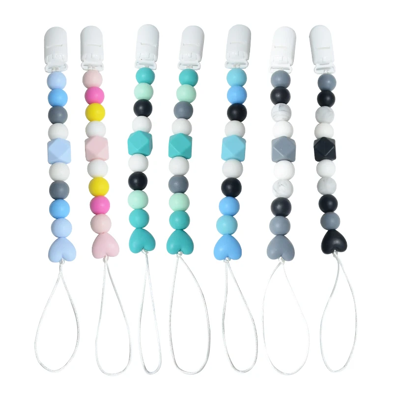 2022 high quality custom flowers teething packaging personalised clip chain beads dummy bulk silicone baby pacifier clip