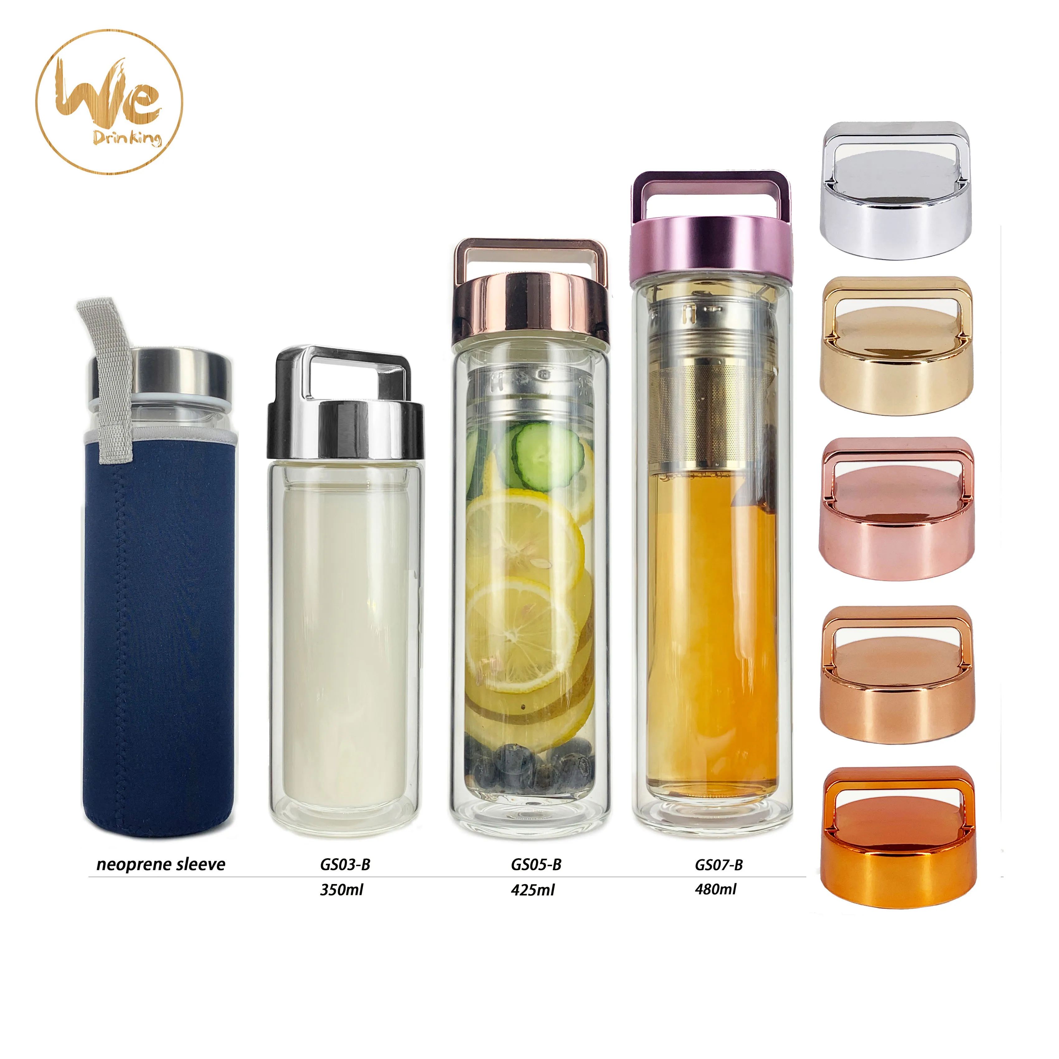 
GS07-B 500ml Double Wall Glass Tea Mug with Handle Lid 