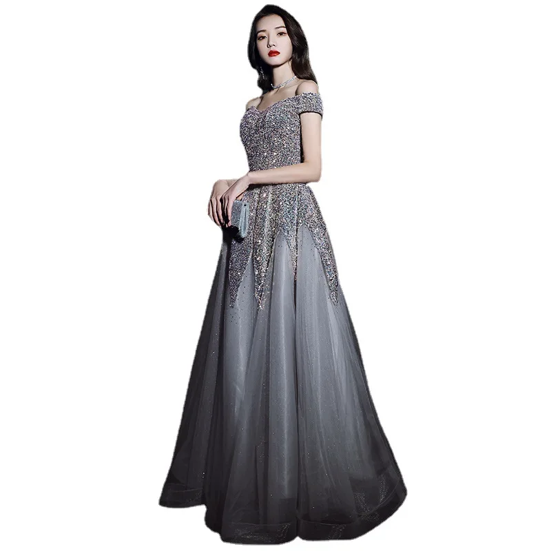 Luxury sequined beading Sleeveless Off-Shoulder Strapless A-Line polyester Short Linen tulle Ball Gown Prom Dresses