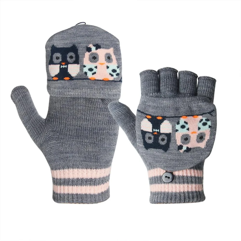 Jacquard Fingerless Knitted Animal Pattern Mittens Convertible Flip Top Cute Kids Winter Gloves with Flap Cover for Boys Girls
