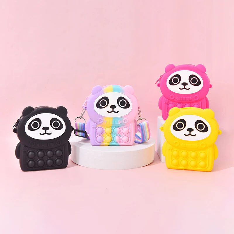 New Design Cute Panda Pop Itting Purse Bag for Girls Kids Rainbow Silicone Fidget Toys Shoulder Bag Crossbody Purse